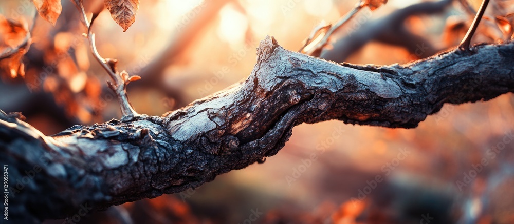 Poster dry twisted tree branches in warm golden light with soft focus background, orange leaves partially v