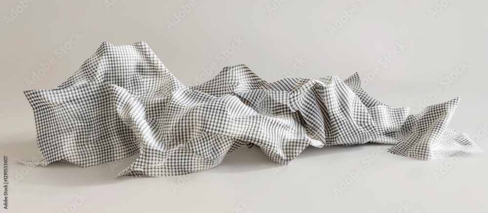 Poster crumpled checkered textile in shades of gray on a soft white backdrop displaying smooth waves and am