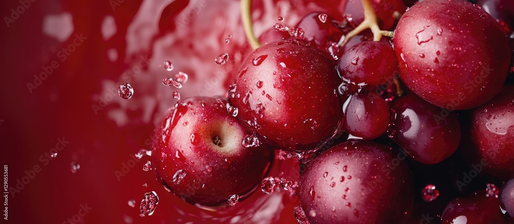 Poster red apples and dark red grapes arranged dynamically on a textured surface with splashes of juice in 
