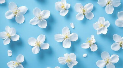 Serene Spring Blossoms: Delicate White Flowers on a Pastel Blue Background