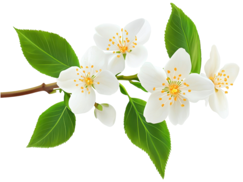 Stunning Closeup of Delicate White Blossoms on a Branch, Vibrant Green Leaves, Springtime Floral Beauty