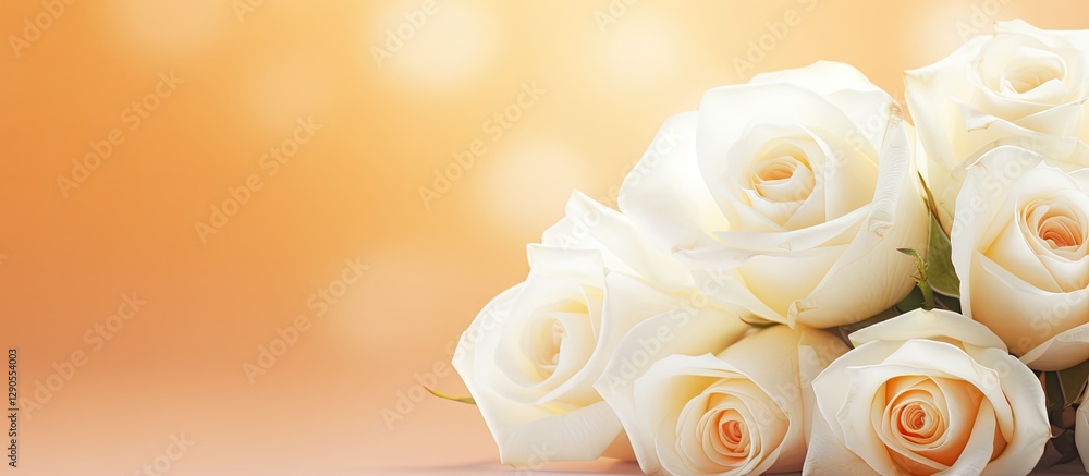 Poster closeup of pristine white roses arranged on soft orange background with subtle bokeh effect providin