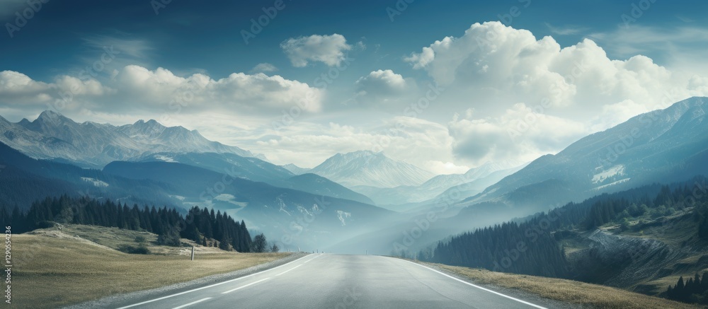 Poster deserted road extending into the misty carpathian mountains with soft blue sky and fluffy white clou