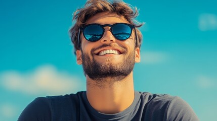 Man with a beard and sunglasses is smiling and looking at the camera. Concept of happiness and relaxation, as the man is enjoying a sunny day outdoors