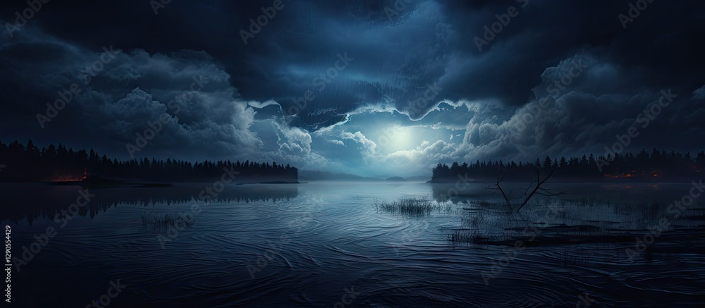Aufkleber mysterious twilight scene with dark clouds reflecting on calm water, illuminated by a soft moonlight
