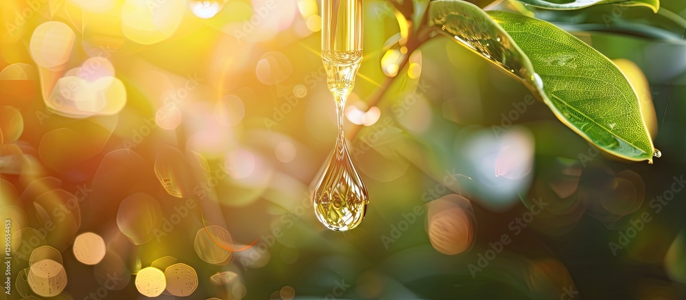 Poster close up image of essential oil dripping from a golden pipette in sunlight with vibrant green leaves