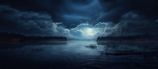 Fototapeta premium Mysterious twilight scene with dark clouds reflecting on calm water, illuminated by a soft moonlight with silhouettes of trees on the horizon.