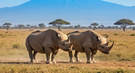 Fototapeta premium A Pair of Black Rhinos in a Dusty African Plain, Near the Ngorongoro Crater. Focus on Their Thick, Rough Skin, Distinct Horns, and Strong Postures.