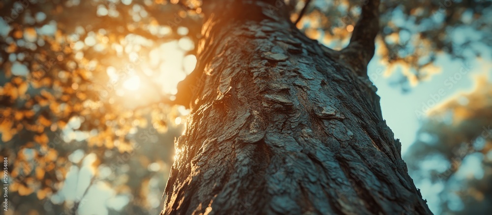 Poster close-up view of textured tree trunk with warm sunlight streaming through foliage in the background 