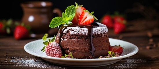 Chocolate souffle topped with strawberries and mint leaves, served on a white plate, surrounded by fresh strawberries and dark chocolate drizzle.