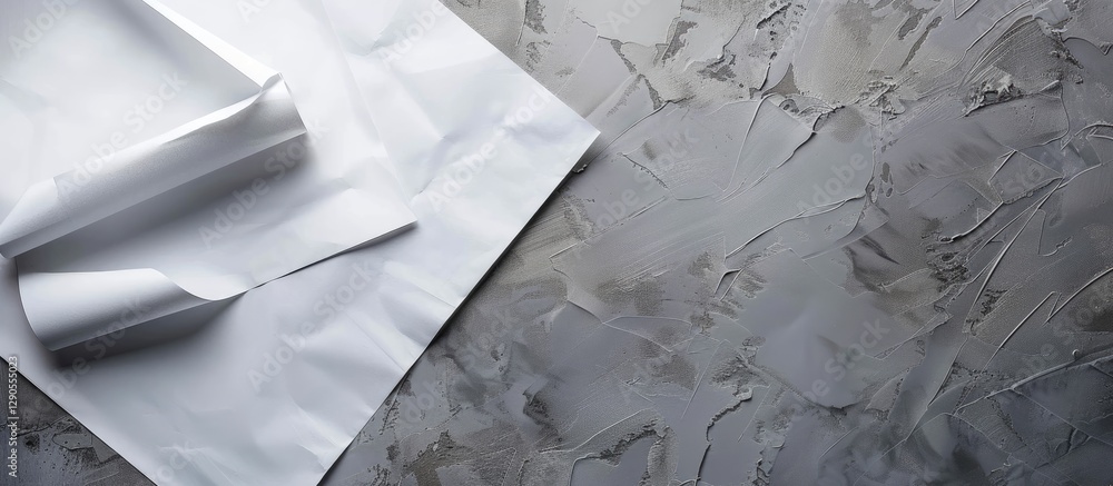 Poster close up of blank white paper sheets partially rolled on textured grey table with ample space for co