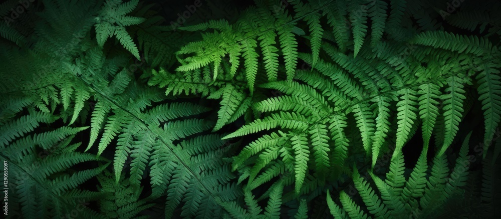 Poster textured green fern leaves overlapping on a dark background with varying shades of green, creating a