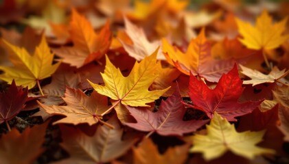 Fototapeta premium Pile of fallen autumn leaves, earthy tones, close-up , nature, photography