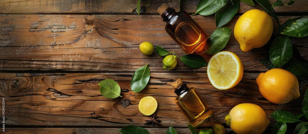 Poster essential oils in amber bottles with lemons and green leaves on a rustic wooden table creating a nat