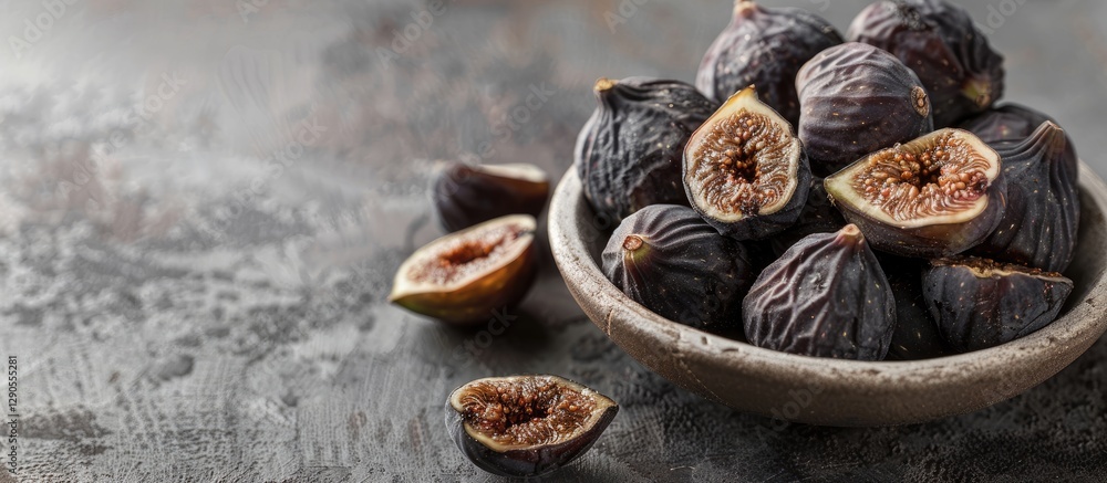 Poster dried figs in a light bowl on a textured grey backdrop with scattered figs creating a natural and ru