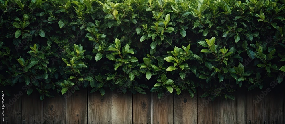 Poster lush green foliage of bushes prominently displayed above a rustic wooden fence creating a natural bo