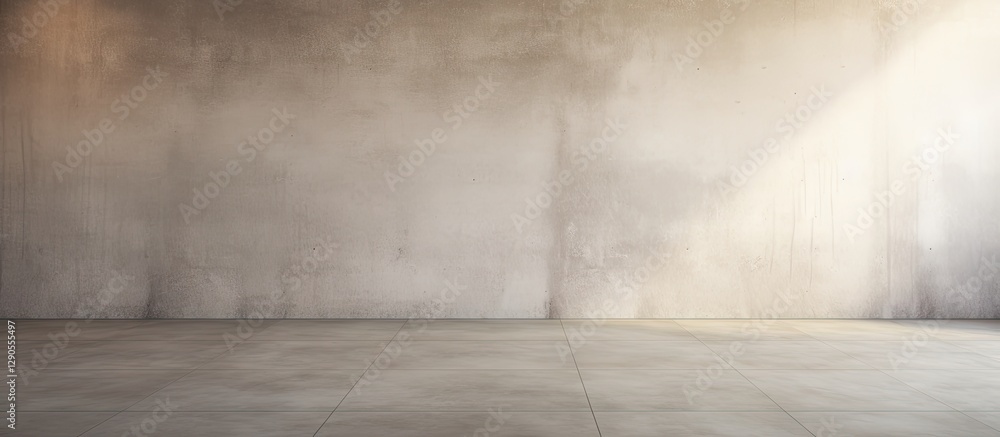Poster empty grungy interior featuring a gray concrete floor and wall illuminated by soft sunlight creating