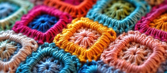 Colorful knitted granny square crochet texture with vibrant hues of blue, pink, orange and green arranged in a close-up zigzag pattern.