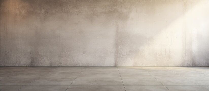 Empty grungy interior featuring a gray concrete floor and wall illuminated by soft sunlight creating a serene and minimalistic atmosphere