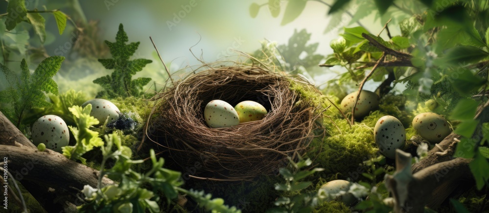 Poster easter eggs nestled in a detailed nest surrounded by vibrant green foliage and soft light with ample