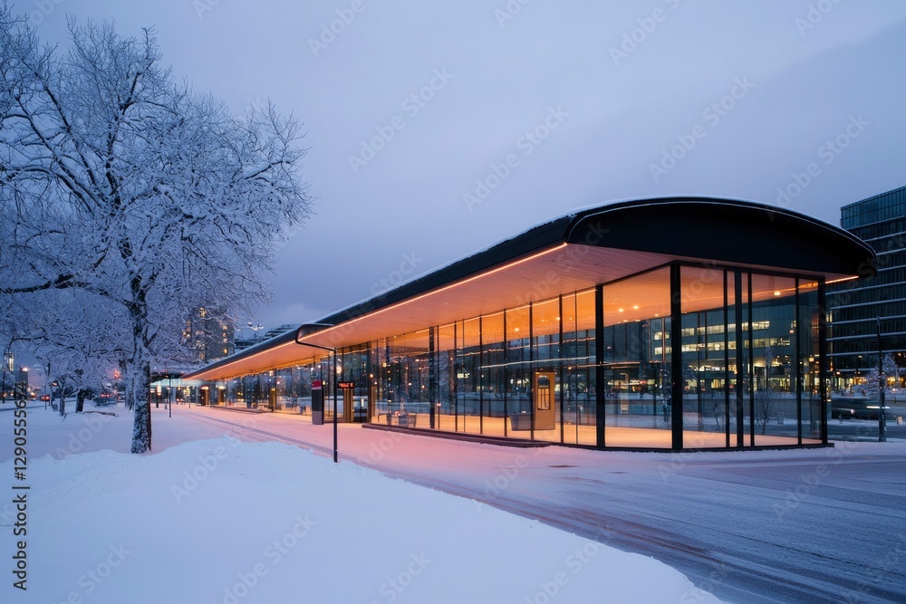 Poster winter bus terminal snowy landscape with commuters in background. editorial