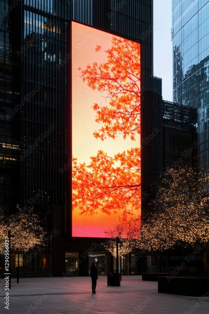 Poster person walking near a building with display showing autumn trees in the background