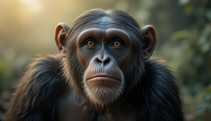 Close-up portrait of a chimpanzee in a natural setting.