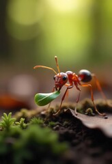 Close-up of a red ant carrying a leaf.
