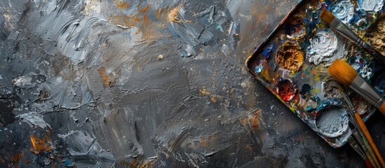 Artist palette with vibrant colors and brushes on a textured grey table background creating ample copy space for text on the left side.