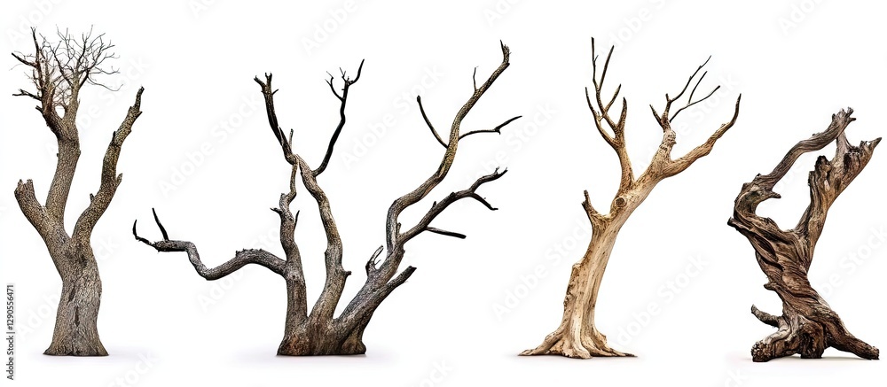 Aufkleber diverse collection of four dry trees with twisted branches in shades of brown and gray isolated on a