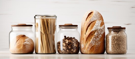Assorted bakery items including crusty bread loaves and jars of raw ingredients arranged on a wooden surface with a neutral background