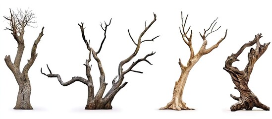 Diverse collection of four dry trees with twisted branches in shades of brown and gray isolated on a white background for nature concepts