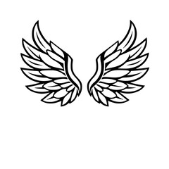 Black-and-white, symmetrical illustration of an angel's wings, minimalistic with elegant detailing, on a white background.