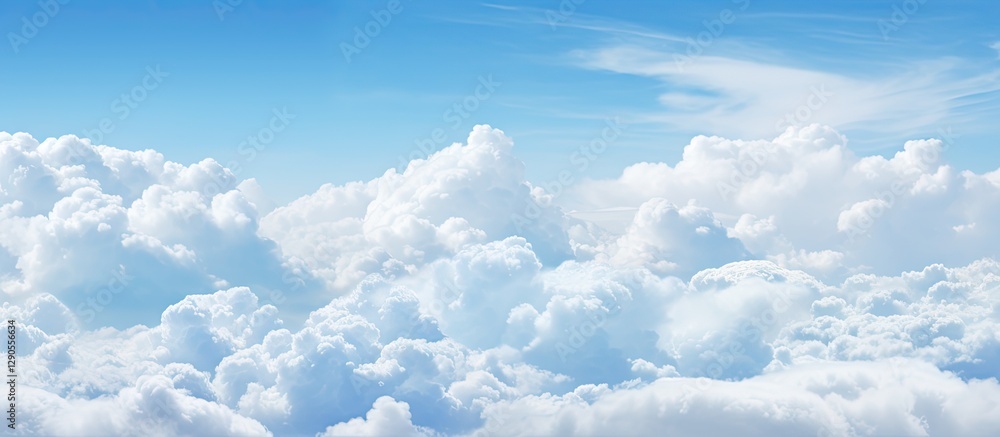 Poster fluffy white clouds against a bright blue sky with soft gradients creating a serene backdrop perfect