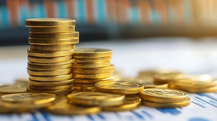 Financial Growth and Wealth: Stacks of Golden Coins on Financial Charts