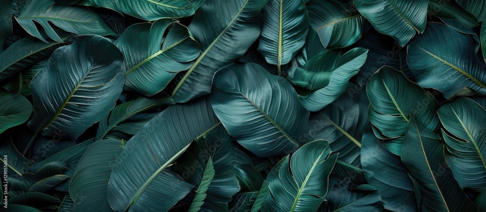 Poster dark green tropical leaves layered in a dense arrangement create a textured background, offering amp