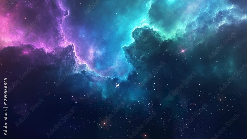 Poster cosmic nebula with vibrant purple and turquoise colors in deep space. majestic galaxy animation. bea