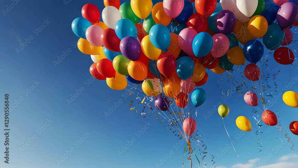 Wall mural colorful luxury clear balloons floating in the sky. copy space concept for wallpaper or background