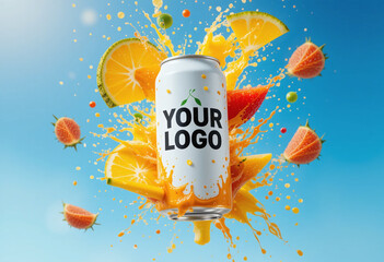 A white beverage can labeled "YOUR LOGO" with tropical juice and fruit splashes against a deep blue sky background.