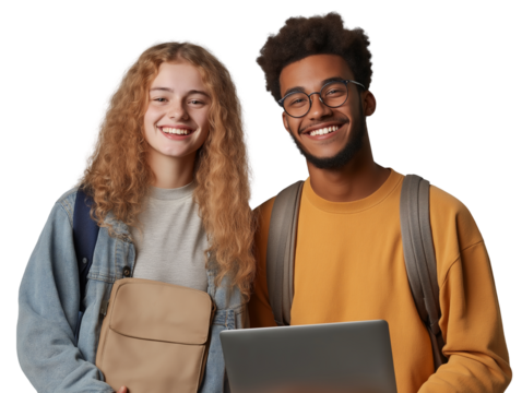 two students smiling with a laptop and backpack