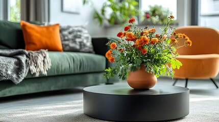 Obraz premium Vibrant Orange Chrysanthemum Bouquet on Modern Coffee Table in Living Room