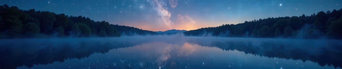 Fototapeta premium Misty lake reflects starry sky, fireflies twinkle, midnight summer hush , stillness, rural, untouched