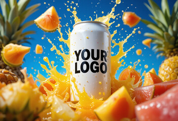 A white beverage can labeled "YOUR LOGO" with tropical juice and fruit splashes against a deep blue sky background.