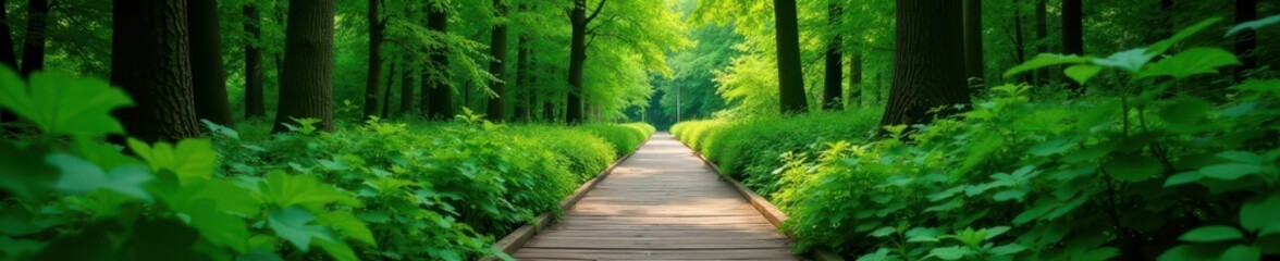 Narrow wooden boardwalk meanders through emerald forest, vibrant green canopy overhead , tranquil, landscape