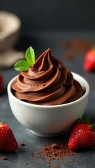 Rich chocolate mousse in a bowl, creamy texture, velvety, white chocolate