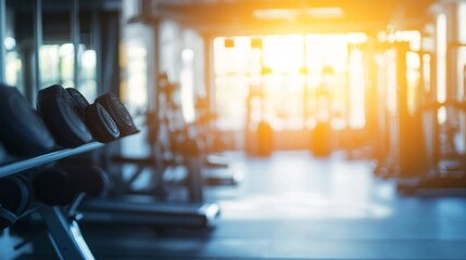 A dynamic fitness space filled with various gym equipment, illuminated by warm sunlight filtering through large windows, creating an inspiring workout atmosphere for all
