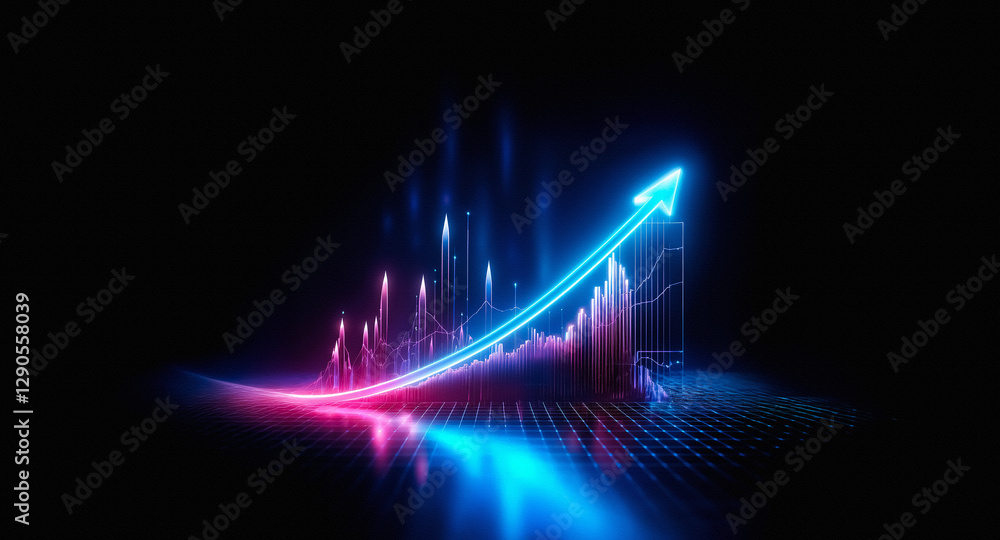 Poster vibrant neon arrow soaring upwards on a grid against a dark backdrop, symbolizing progress and posit