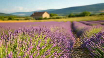 Fototapeta premium Sunlit Lavender Field and Farmhouse in Rolling Hills