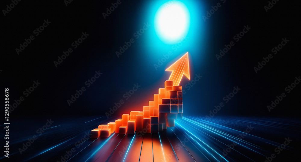 Poster an orange arrow made of stacked blocks points upwards, illuminated against a dark backdrop with stre