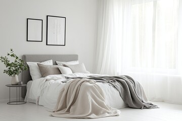 Modern bedroom interior with neutral colors and artwork